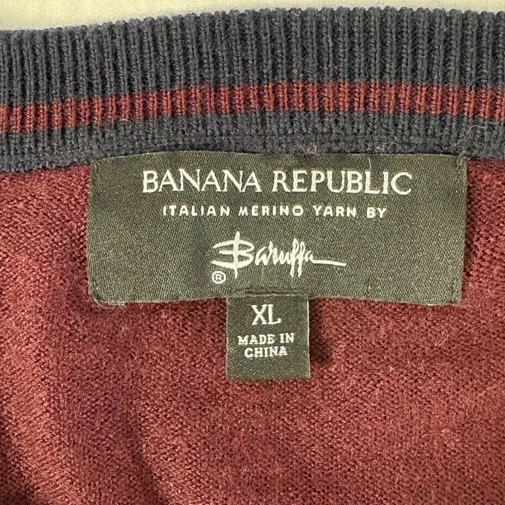 Banana Republic Mens XL 100% Merino Wool Colorblock Crewneck Sweater Wine Navy